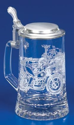 Motorcycle Biker Etched German Glass Beer Stein